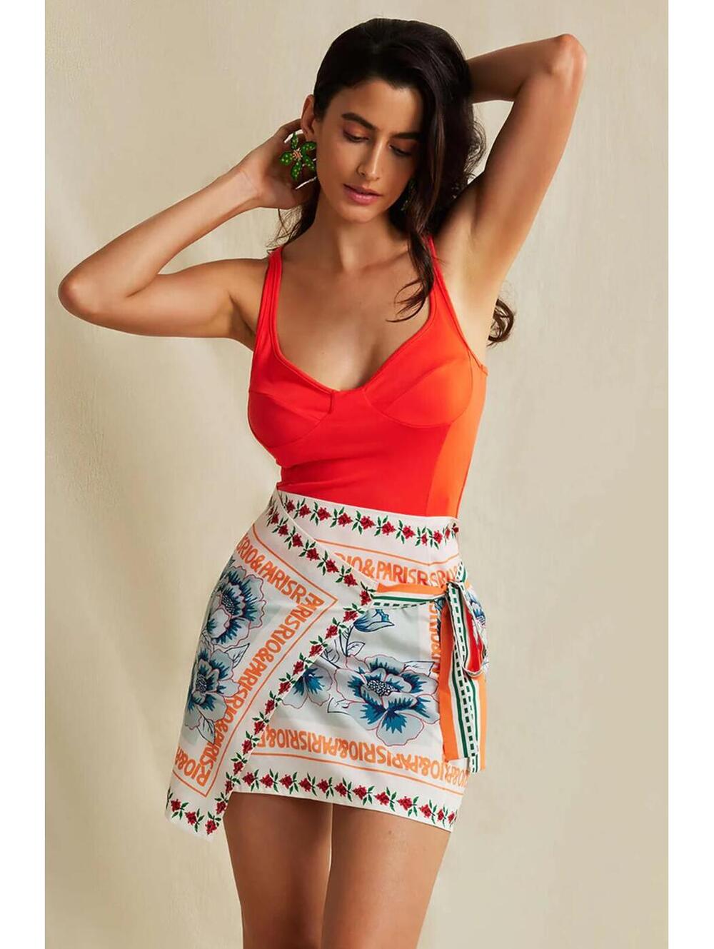 NWT Micas Retro Floral Print Knotted Wrap Mini Skirt Orange Multi Size Medium
